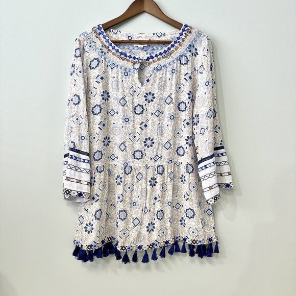 J. Jill Tops - J Jill Peasant Tunic Blouse Women’s Sz M Tall Tasseled Embroidered 3/4 Sleeve